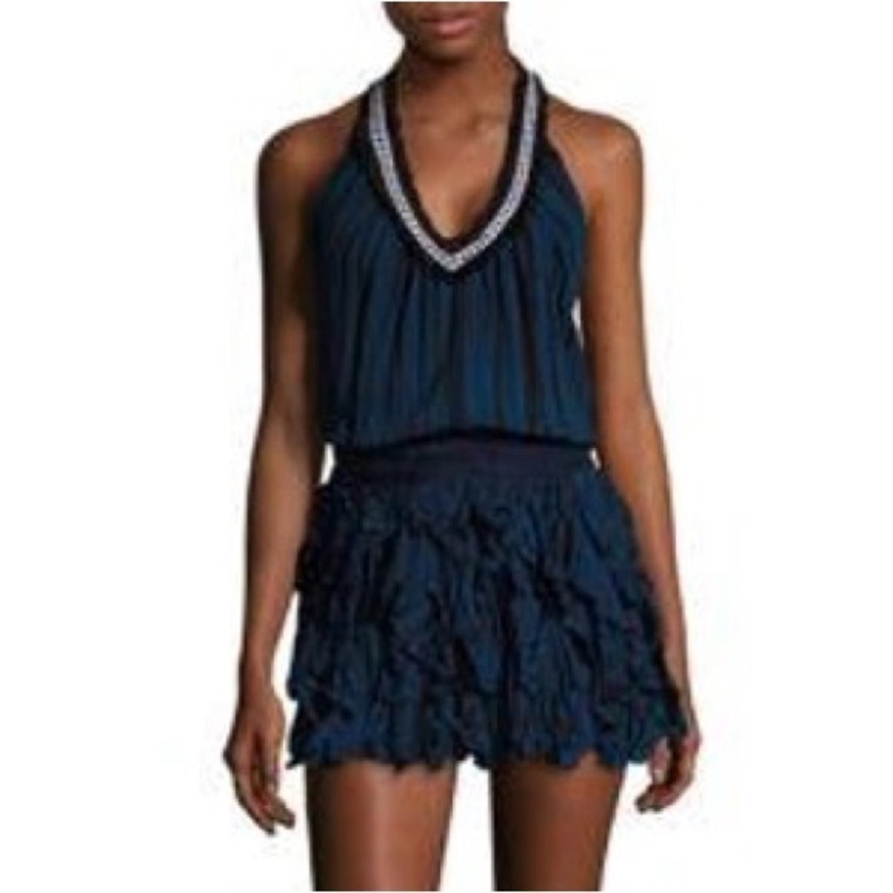 POUPETTE ST BARTH Beline Navy Deep Fringe V-Neck Slim Ruffle Mini Dress